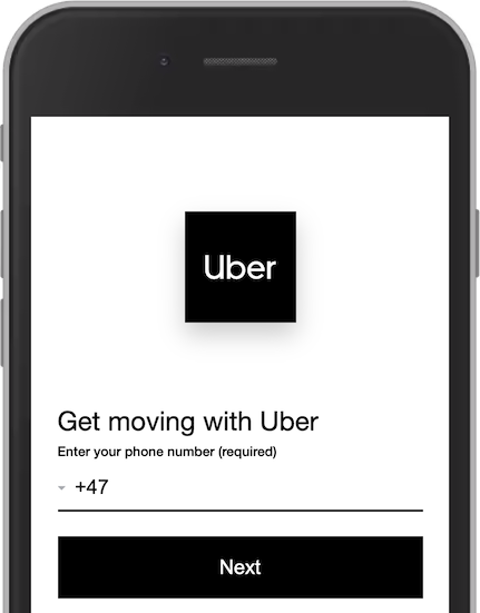 Ubers 登录页面的屏幕截图,显示徽标、标题、标签、电话前缀下拉列表、输入和按钮。